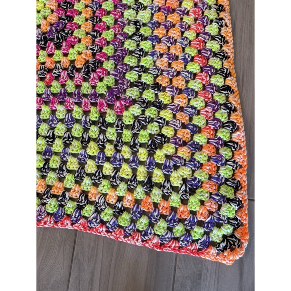 Handmade Rainbow Neon Afghan Blanket Crochet 52x52 Throw Psychedelic Mid-Weight - Picture 2 of 6